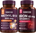 ברזל ווויטמין B12 Bundle, 5000 mcg B12, Zero Sugar, Carbonyl Iron עם ויטמין C, Gentle על Stomach