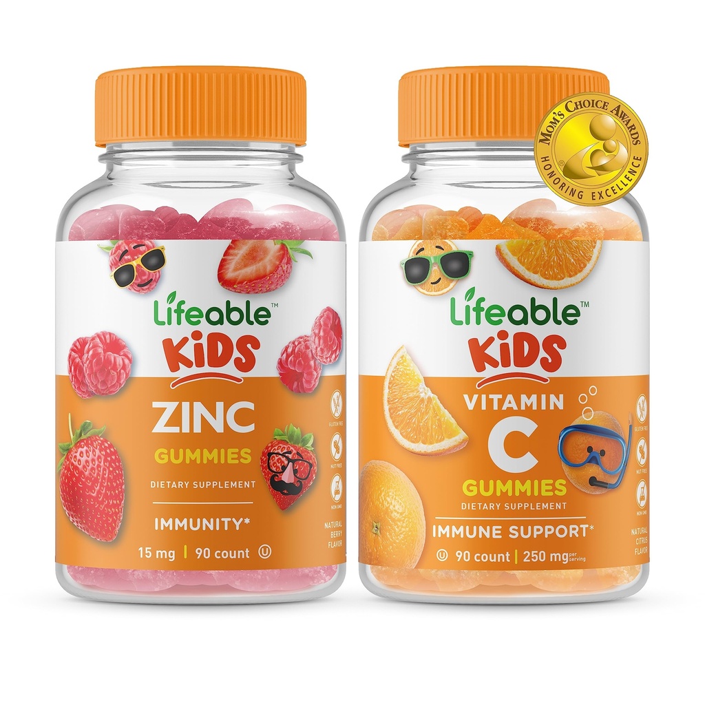 Lifeable Zinc Kids + ויטמין C Kids, Gummies Bundle - Great Tasting, ויטמין תוסף, Gluten Free, GMO חינם, Chewable Gummymy