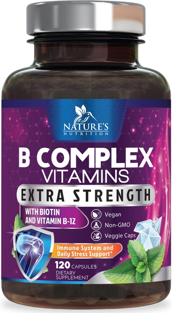 B Complex ויטמינים קפסולות - עם ויטמין B12 B6 B100 C Biotin Folate & Folic Acid - תוספת עבור הלב, המוח, ו- Nerve תמיכה - Super Complete B-Complex for Immune & Energy Support - 120 קפסולות