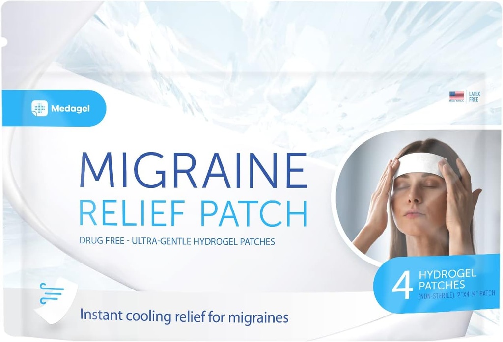 Migraine Relief Patch, Cooling Patches עבור Migraine, Fever, הורמונים, וכאבי ראש, Mess & Odor-Free Hydrogel Cooling, Made in the USA, 1 Pack (4 x Patches) לבן לבן