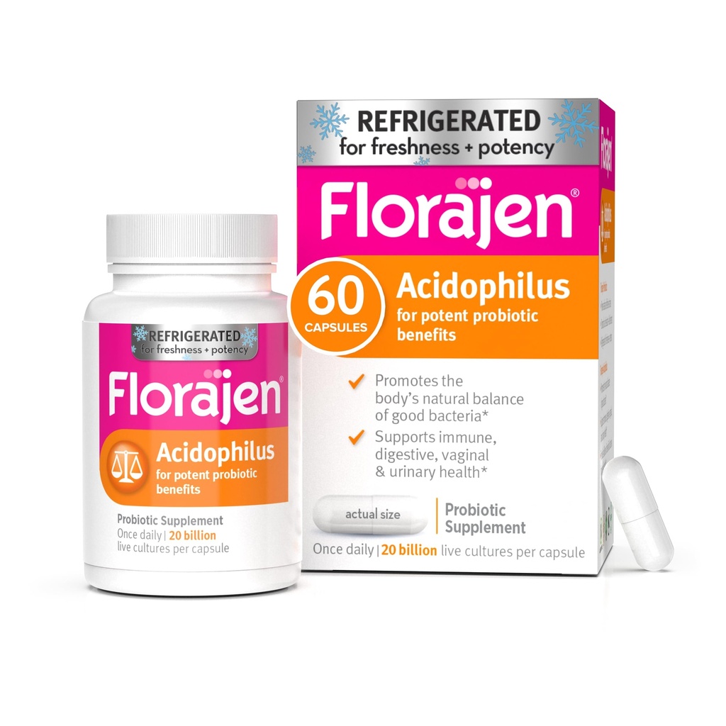 פלורג'ן Acidophilus High Potrigerated Supports Total Health, 20 מיליארד CFUs for Potent Probiotic benefits, Unflavored, 60 Count