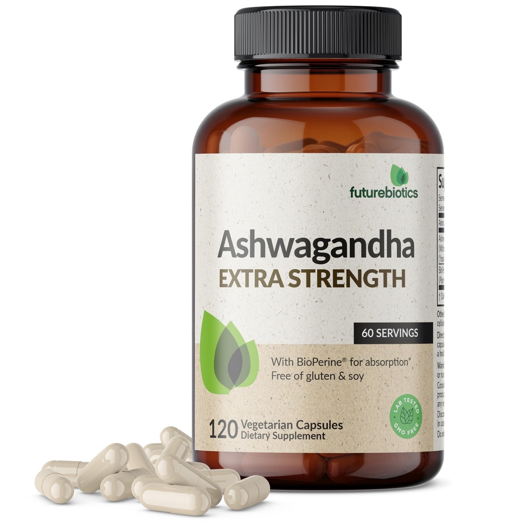 Futurebiotics Ashwagandha תוספת מתח נפשי ותמיכה עם BioPerine - Non GMO פורמולה, 120 קפסולות צמחוניות