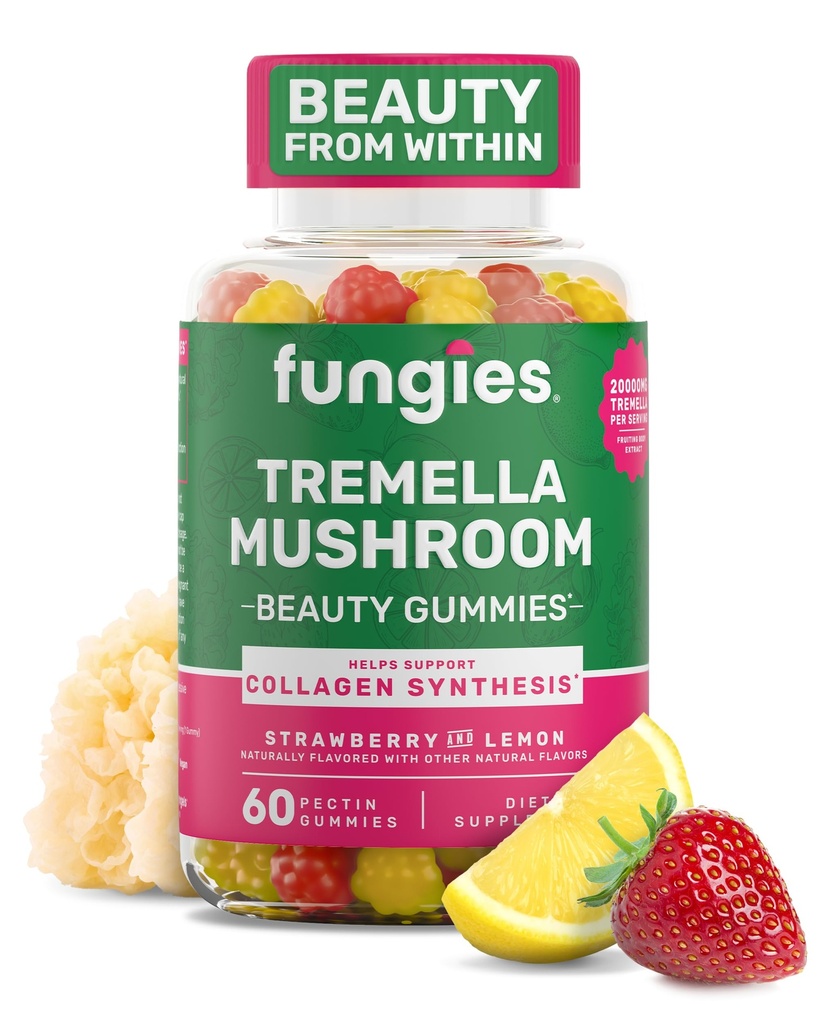 Fungies Tremella Mushroom Gummies, Mixed Strawberry & Lemon Flavor - Mushroom Herbal Supplement Gummy for Adults Supports Collagen Synthesis, Healthy Skin & Healthy Aging - Beauty Gummies 60 Servings