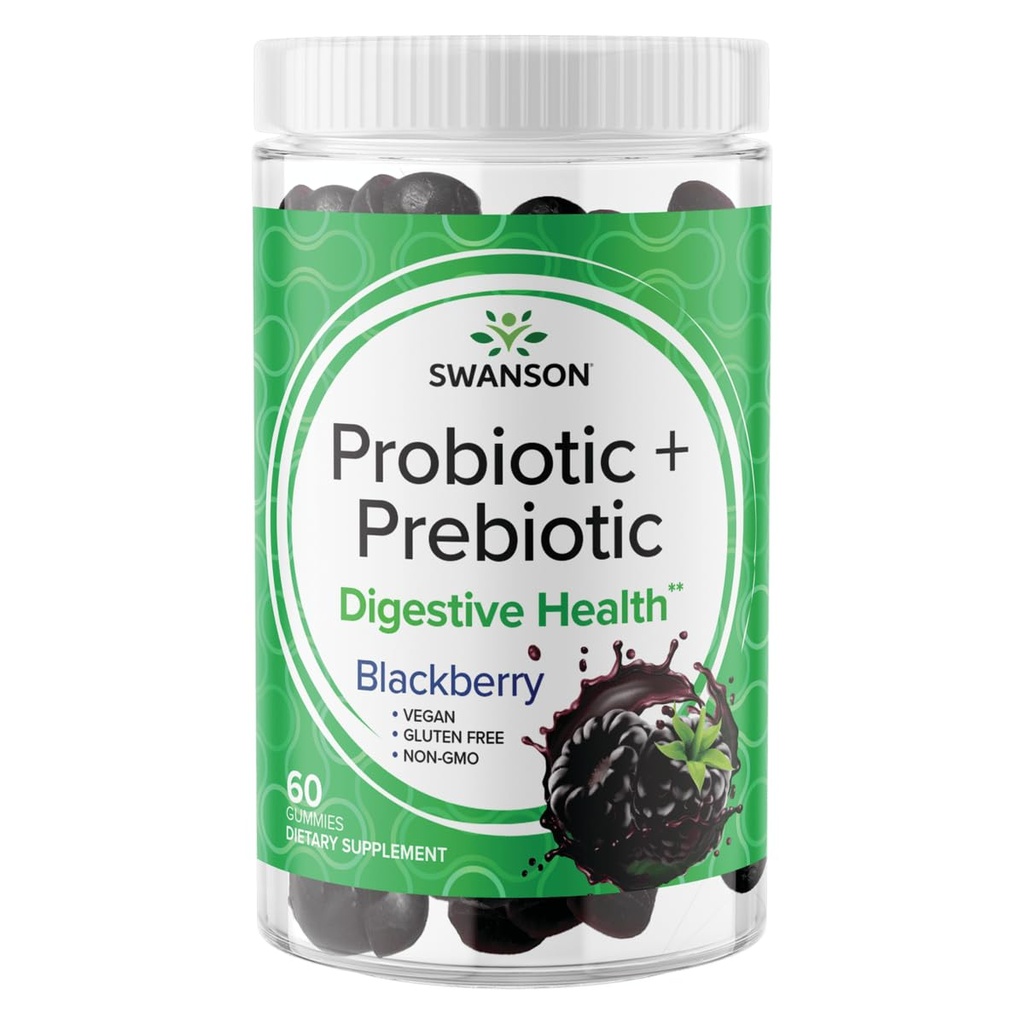 Swanson Probiotics + Prebiotic Gummies - תוספת תמיכה מזיקה לקידום תפקוד העיכול ו- Bowel סדירות - מסייע לתמוך בבריאות החיסון - (BlackBerry, 60 מסטיקים)