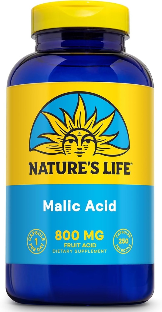 Nature's Life Malic Acid תוסף 800 מ"ג - פונקציונליות שרירים בריאה ותמיכה באנרגיה סלולרית - Dietary Fruit Acid - 60 יום כסף בחזרה להבטיח, מעבדה מאומתת - 250 משרתים, 250 קפסולות