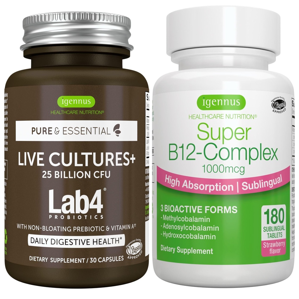 תרבות חיה + Lab4 Probiotics + Super B12-Complex, טבעוני Bundle, 25 מיליארד CFU Lactobacillus Acidophilus ו Bifidobacterium + High Absorption Sublingual B12, על ידי Igennus