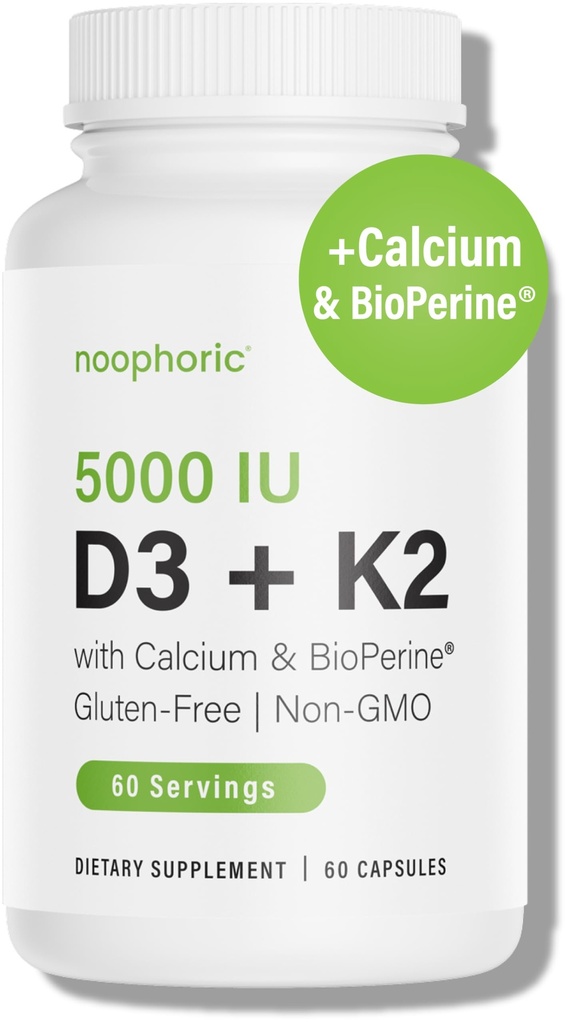 noophoric D3 K2 ויטמין 5000 IU - ויטמין K2 100 mcg MK7, Calcium, BioPerine - Bone Health & Immune Support Supplement - Gluten-Free, non-GMO - ויטמין D3 K2 (60 משרתים)