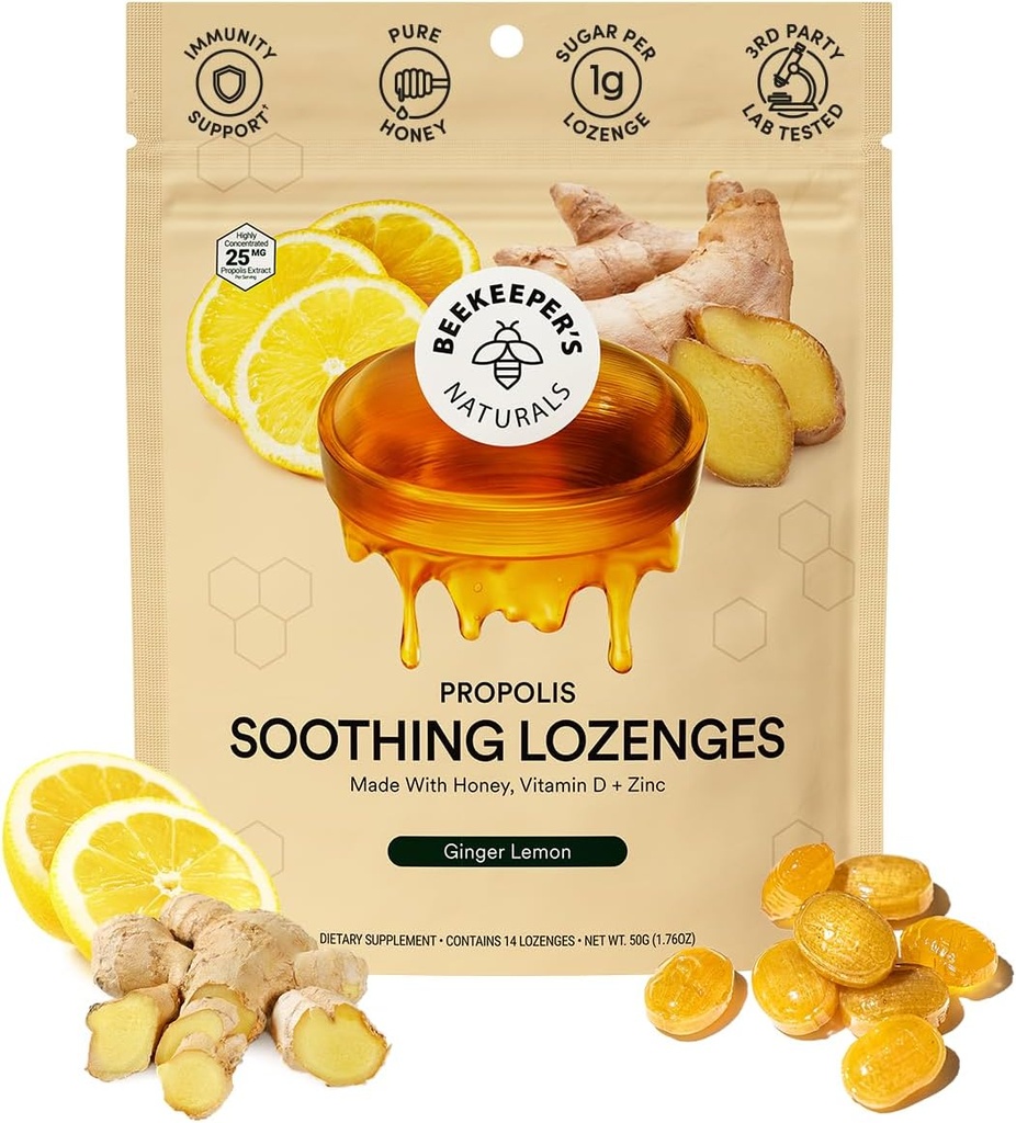 הטבעיות של הדבורים סווינג דבש ג'ינג'ר לימון Cough Drops - Immune Support with ויטמין D, Zinc ו- Propolis גרון Soothing Lozenges, 14 Ctt