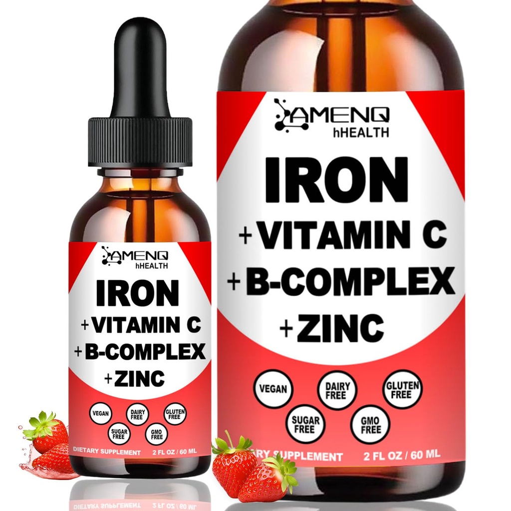 תוספת ברזל נוזלית W / Vitamin C, A, B-Complex, ברזל טיפות ויטמין עתיר עתיר נוזל ברזל תוספי מזון לנשים, גברים וילדים - Support Red Blood Cell, Energy, Anemia & Fatigue