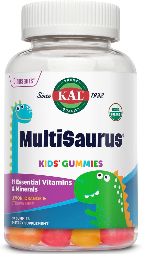 KAL MultiSaurus Multivitamin Gummies, USDA אורגני Multivitamin לילדים, עצמות בריאים, Immune & אנרגיה תמיכה, טבעונית וגלוטן חינם, לא פלאובים מלאכותיים או צבעים, 30 משרתים, 60 מסטיקנים