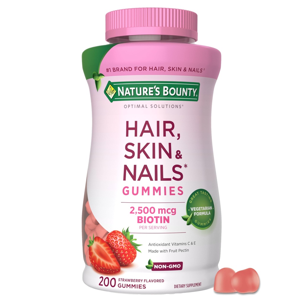 שיער הפתרונות של Nature's Bounty Optimal Solutions Hair, Skin and Nails Pectin Gummies, 2,500 mcg Biotin Per משרת, No Stick Gummy, Vegetarian Formula, Strawberry Flavor, ספירה 200, 100 המשרתים Total המשרתים