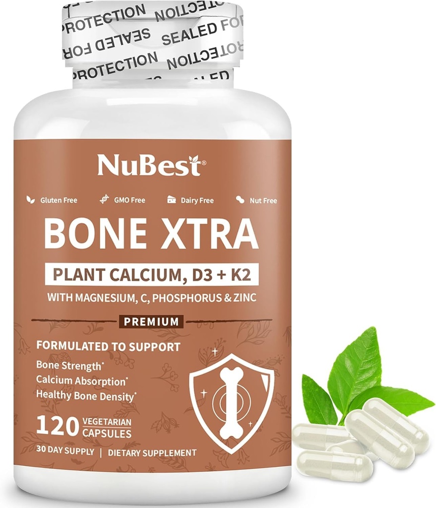 Nu Best Bone Xtra - Plant Based Bone Power, Strontium Boost with Strontium Citrate, Calcium, Magnesium from Marine Algae, Phosphorus, ויטמין C, K2, D3 | מקסימום Calcium Absorption
