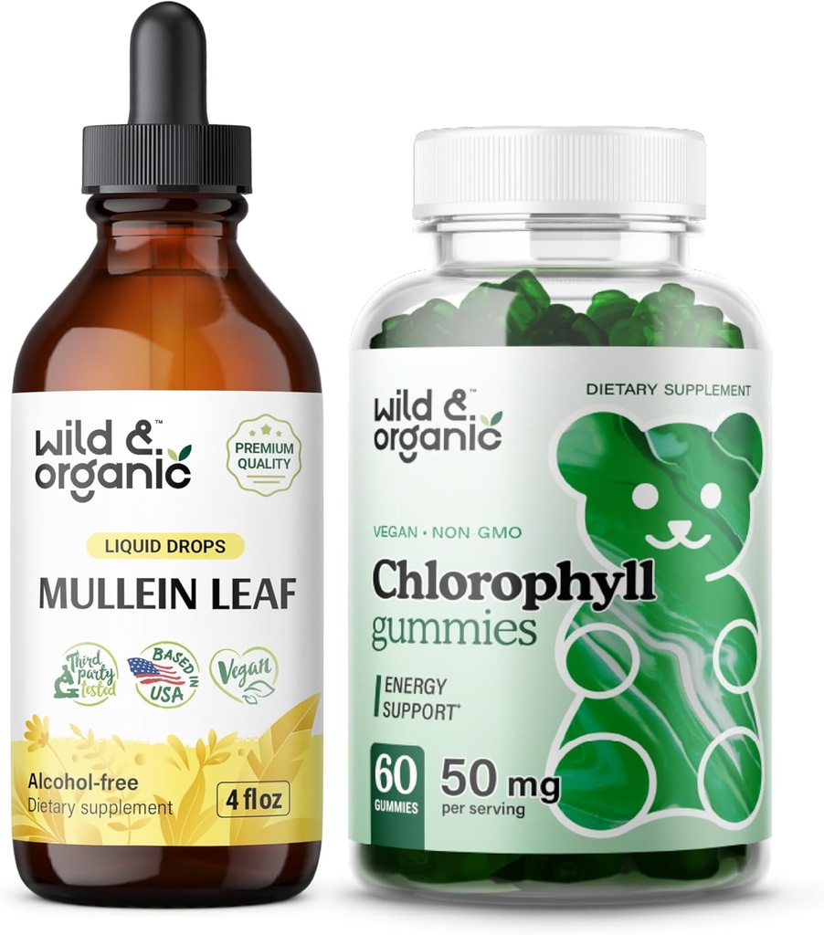 Wild & אורגני מולליין טיפות 4 oz & Chlorophyll חניכיים 60 צ'יפס