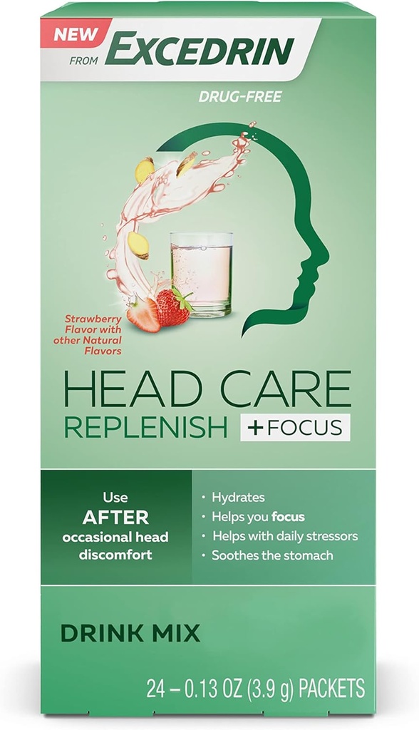 עודף ראש טיפול Replenish Plus להתמקד ממשקאות חריפים עם אלקטרוליטים, L-theanine, ג'ינג'ר וקפאין לתמיכה בריאות ראש - 24 Packets