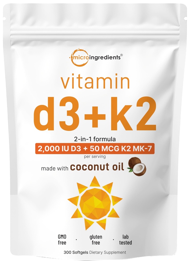 Micro Ingredients ויטמין D3 2,000 IU + K2 MK-7 50 mcg, 300 Softgels | שמן קוקוס בתולה | תמיכה של 2in-1 | Easy to Swallow, non-GMO
