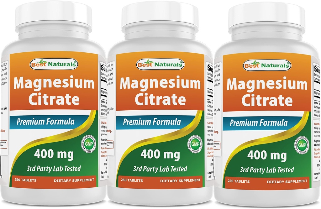 Best Naturals Magnesium Citrate (Citrato de Magnesio) 400 מ"ג 250 טבליות (400 מ"ג של Magnesium per 2 טבליות)