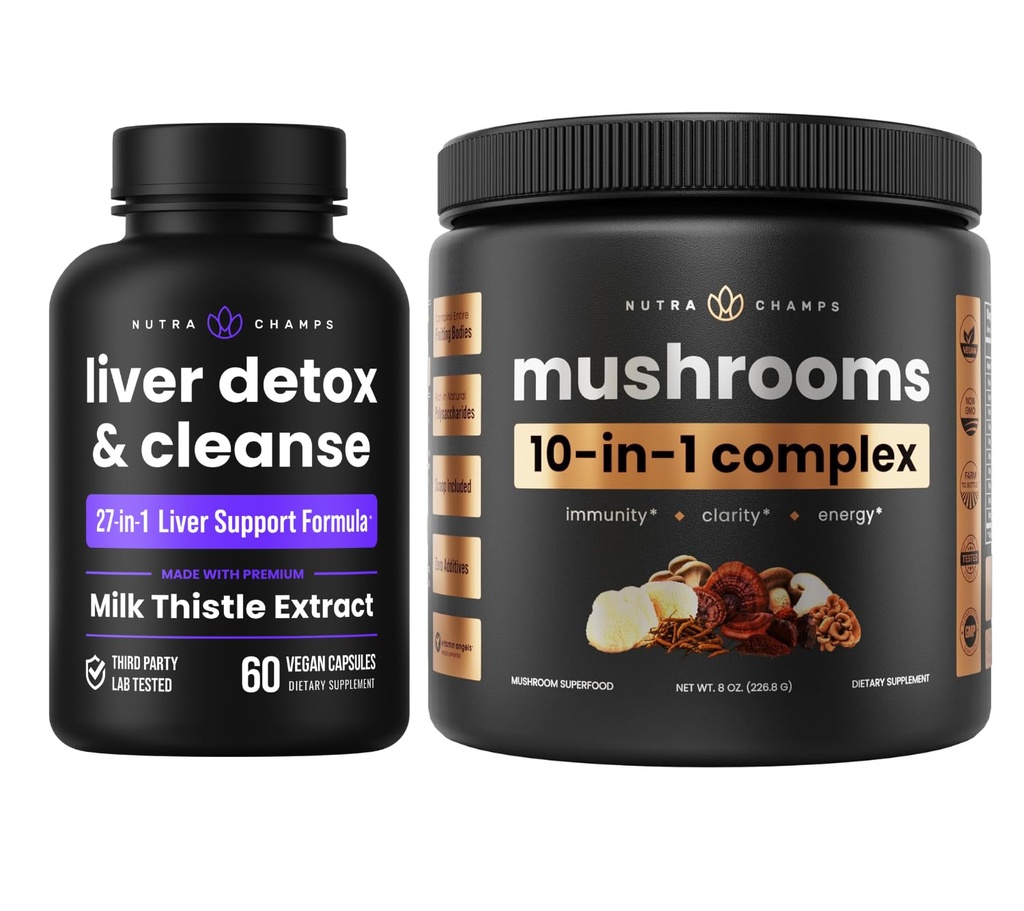NutraChamps Liver Detox & Mushroom אבקת קוגניציה, Detox & Immunity Bundle