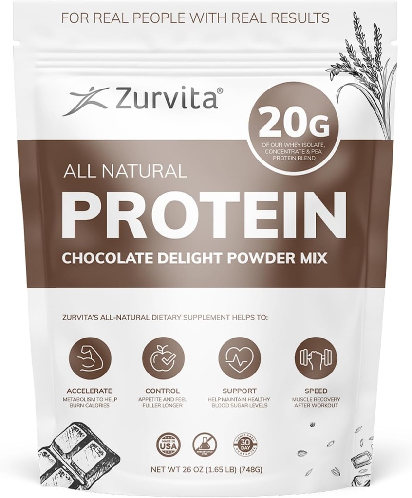 Zovita - אבקת חלבון שוקולד - 20g חלבון, פרוביוטיקה, 24+ ויטמינים ומינרלים - No Artificial Sweeteners - 26oz (20 משרתים)