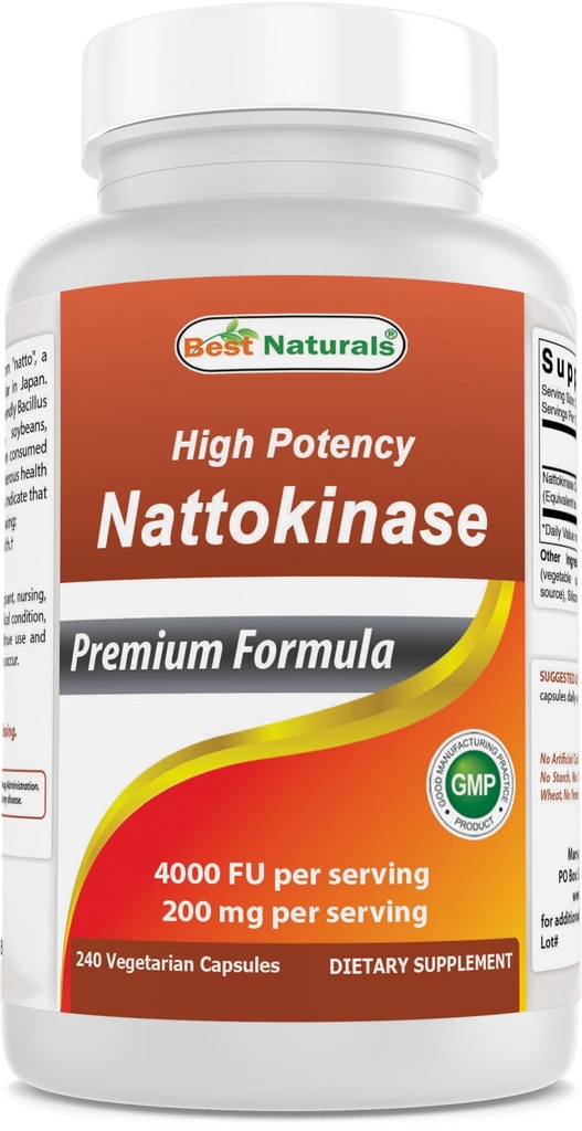 Best Naturals High Potency Nattokinase 4000 FU Per לשרת / 200 מ"ג לשרת, 240 קפסולות Vegetarain. Non-GMO, Gluten Free