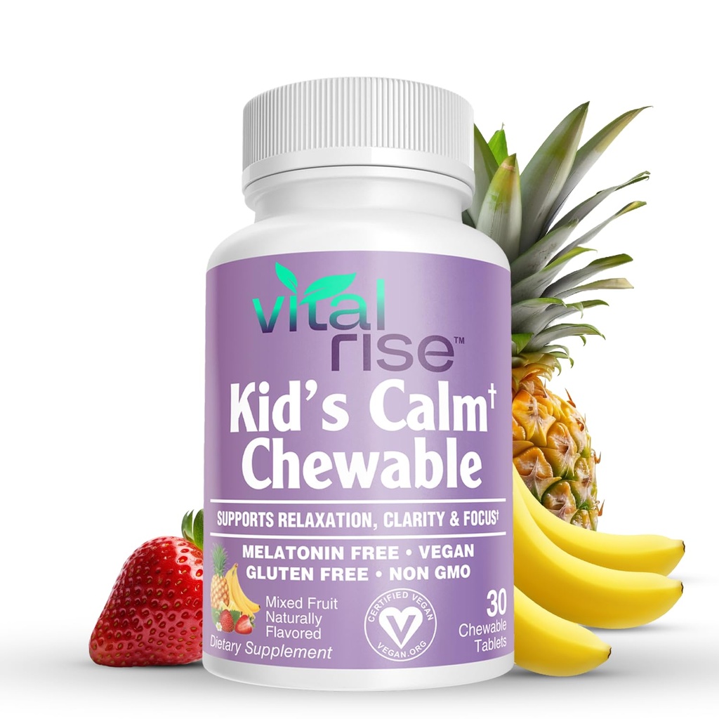 ילדים Magnesium Chewables - תוספת יומית, סוכר חינם ומלטונין חינם, תומך תגובה מתח בריא להתמקד, מהיר-Absorbing Magnesium עם L-theanine, מעורב פירות פלאמור, 30 הרוזן