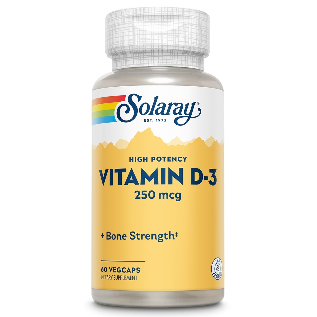 SOLAרי ויטמין D3 10000IU (250 mcg) - ויטמין D - עם VIT D3 כמו Cholecalciferol - עצמות חזקות ותמיכה בסיכון - 60 יום ערבות, 60 משרתים, 60 VegCaps