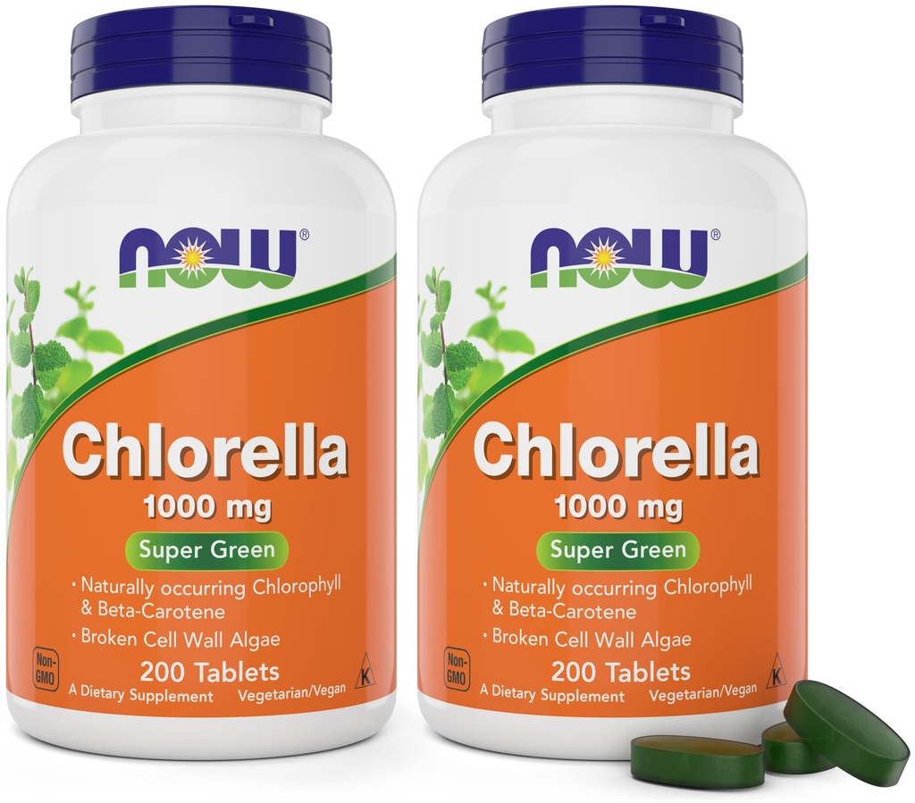 עכשיו Chlorella 1000 מ"ג טבליות - 200 הרוזן (Pack of 2) - טבעי Occurring Chlorophyll, Beta-Carotene - Non-GMO, טבעוני - מזון סופר ירוק לנשים וגברים