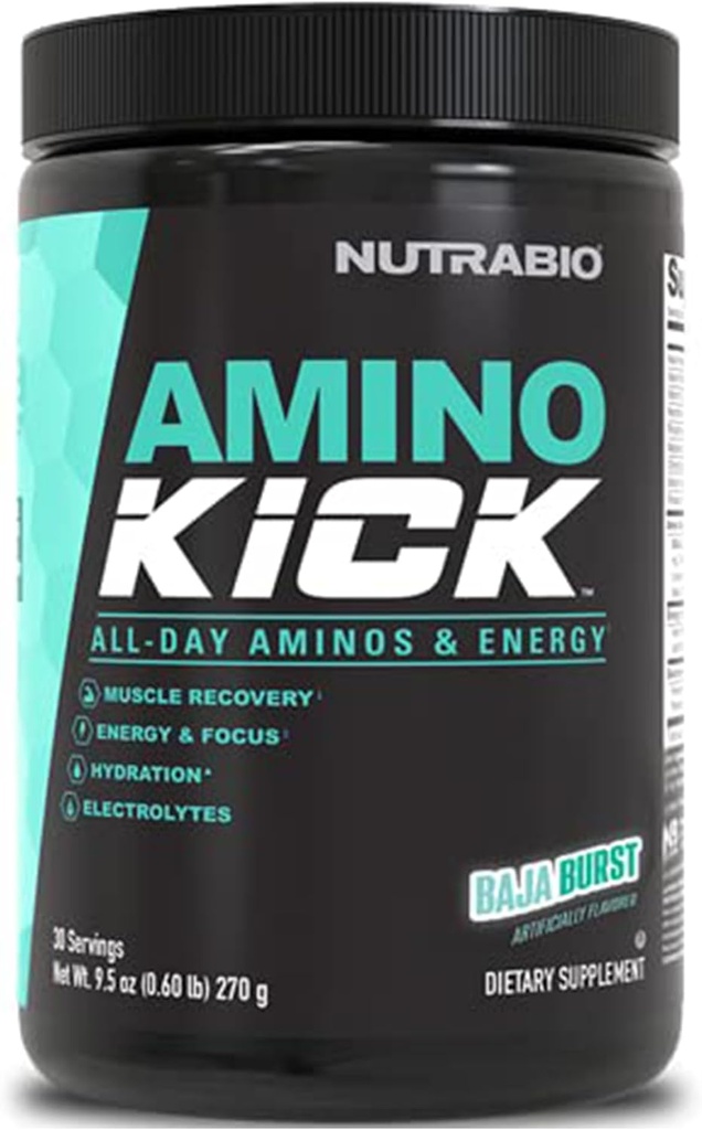 NutraBio Amino Kick - אבקת BCAA עם Caffeine טבעי - Amino Acids תוספת אנרגיה, הידרציה ושיקום - BCAAs, אלקטרוליטים ו Amino Acids - Baja Burst, 30 משרתים