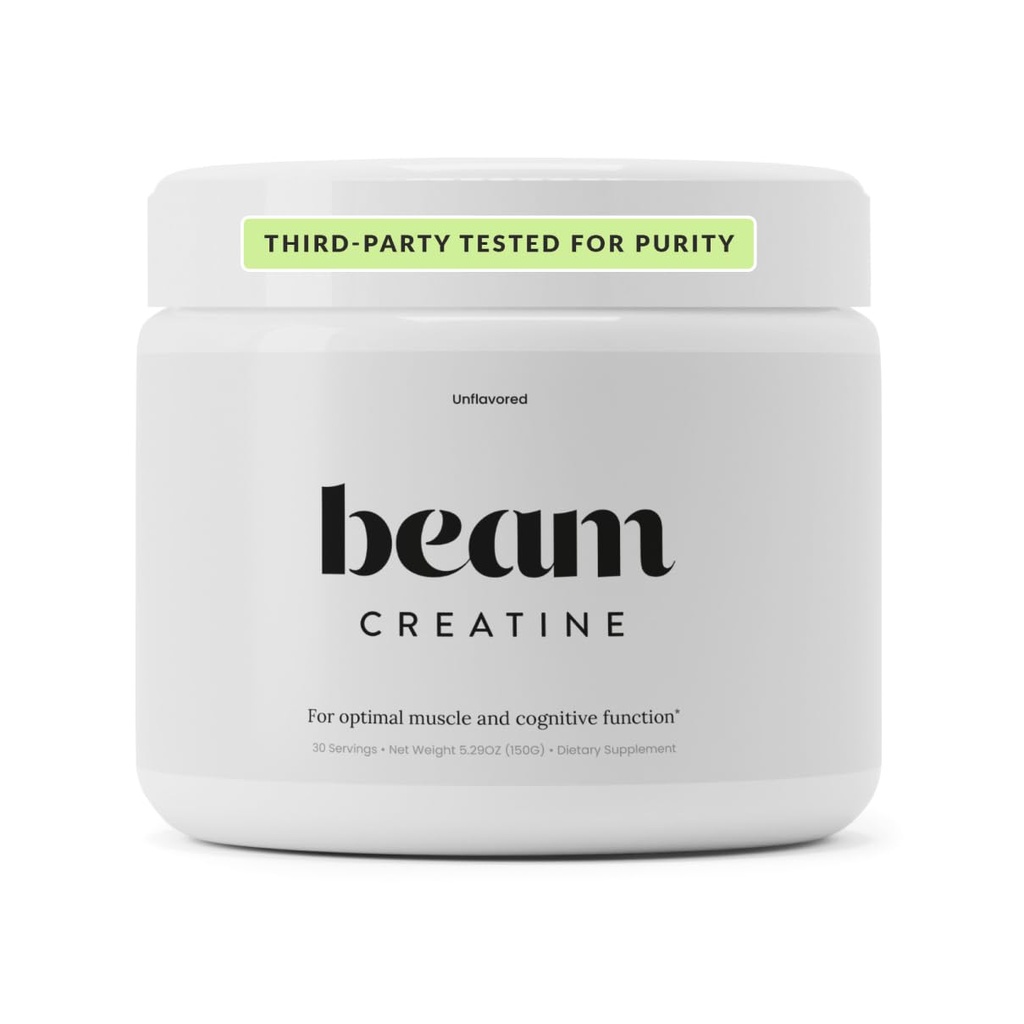 Beam Creatine Monohydrate אבקת - 5g Micronized Creatine Monohydrate, צד שלישי Tested Creatine עבור נשים וגברים, כוח שרירים, צמיחה, התאוששות ותמיכה קוגניטיבית, Unflaved, 30 משרתים