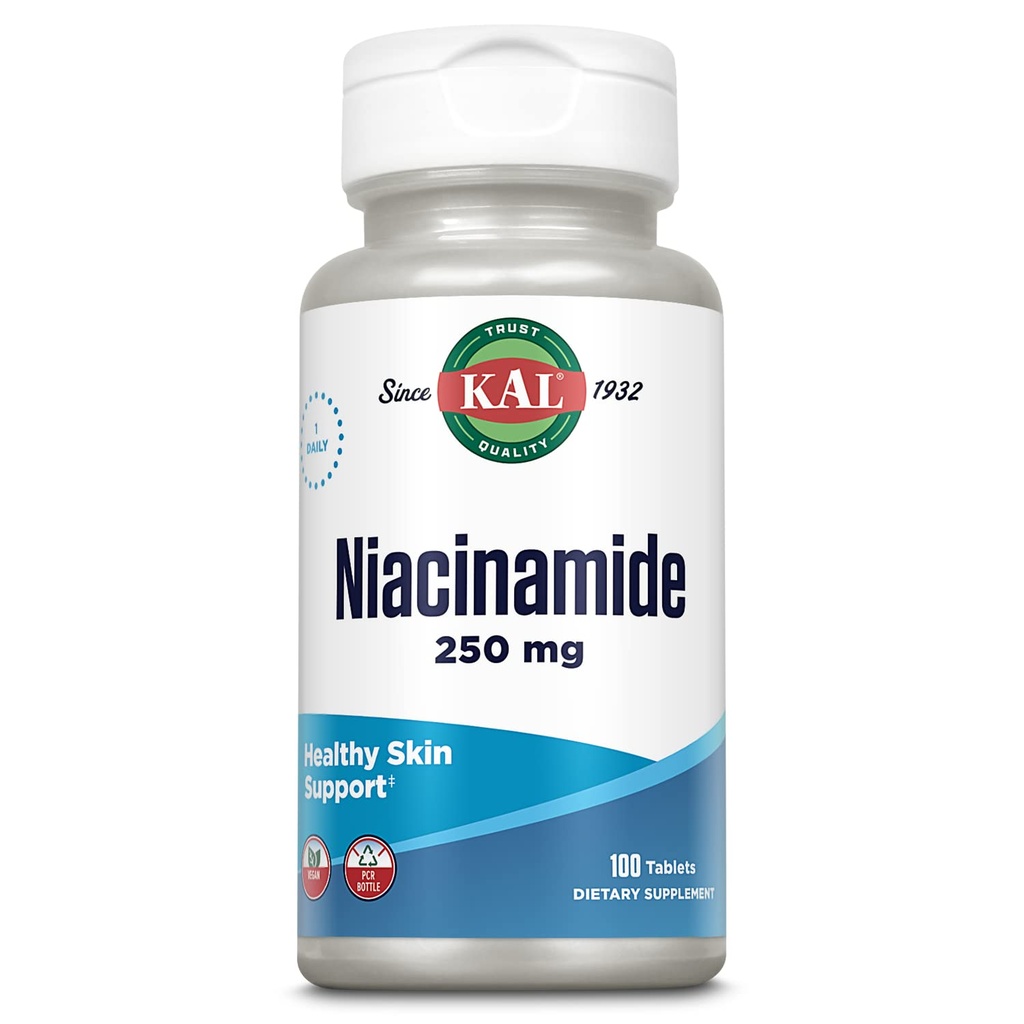 KAL Niacinamide 250 מ"ג טבליות, ויטמין B3 תוסף לבריאות העור, אנרגיה metabolism, Nerve, Circulation and Digest Support, Enhanced Absorption ActivTabs, טבעוני, 100 משרתים, 100 טבליות