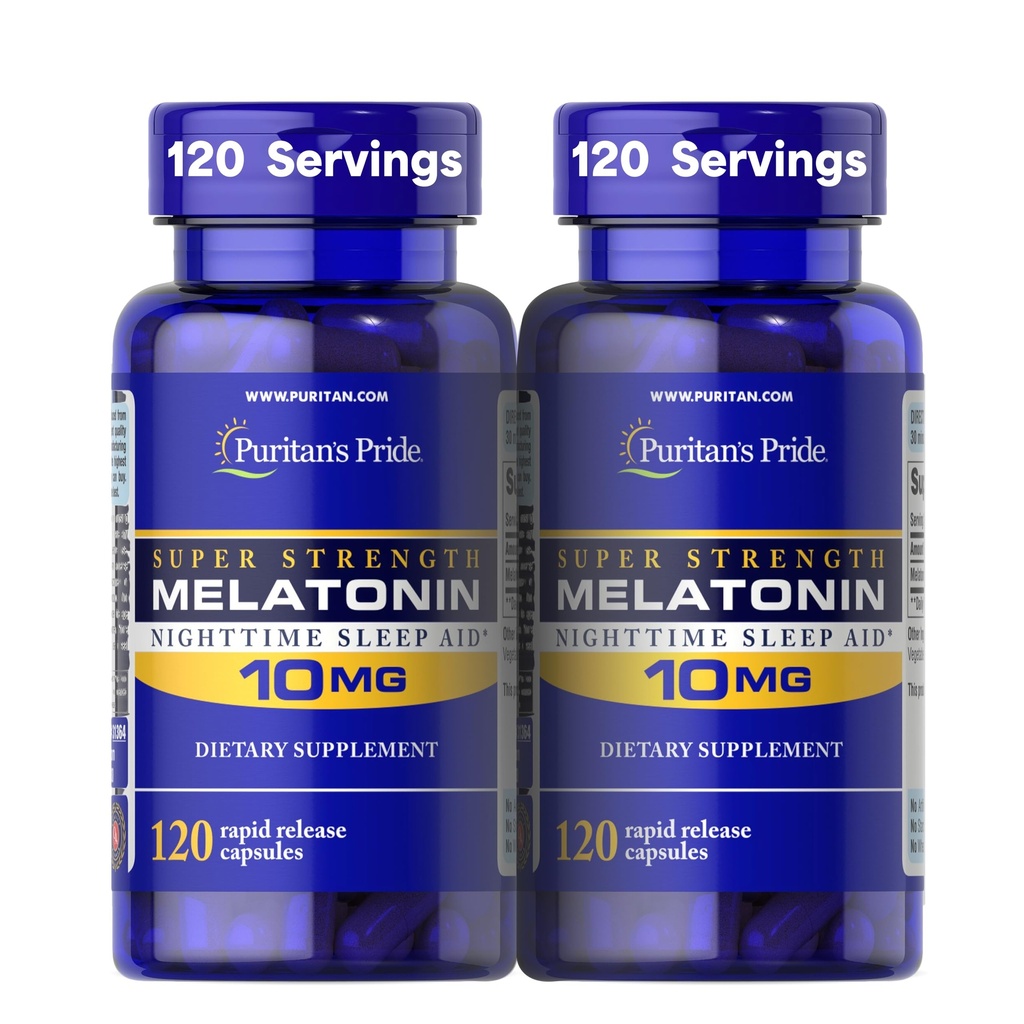גאווה של Puritan's Pride Premium Super Power Melatonin 10mg Sleep Aid, תוספת תזונתית עבור Sound, Restful, & Longer Sleep Support, 4 חודשים אספקה, 120 קפסולות שחרור מהיר, 2 Pack (Packaging May Vary)