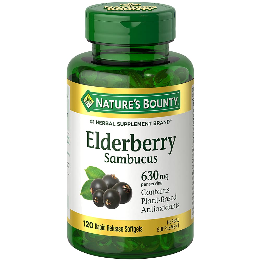 Nature's Bounty Sambucus Elderberry Herbal תוסף, שחרור מהיר Softgels, 630 מ"ג לשרת, 120 הרוזן