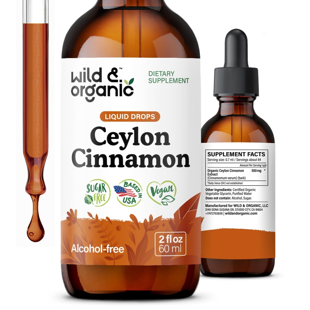 Wild & Organic Ceylon Cinnamon Extracts 500 מ"ג - תוספי Cinnamon נוזלי לתמיכה כוללת - Cinnamomum Verum Bark Tincture - טבעוני, סוכר ואלכוהול חינם, non-GMO - 2 fl oz oz