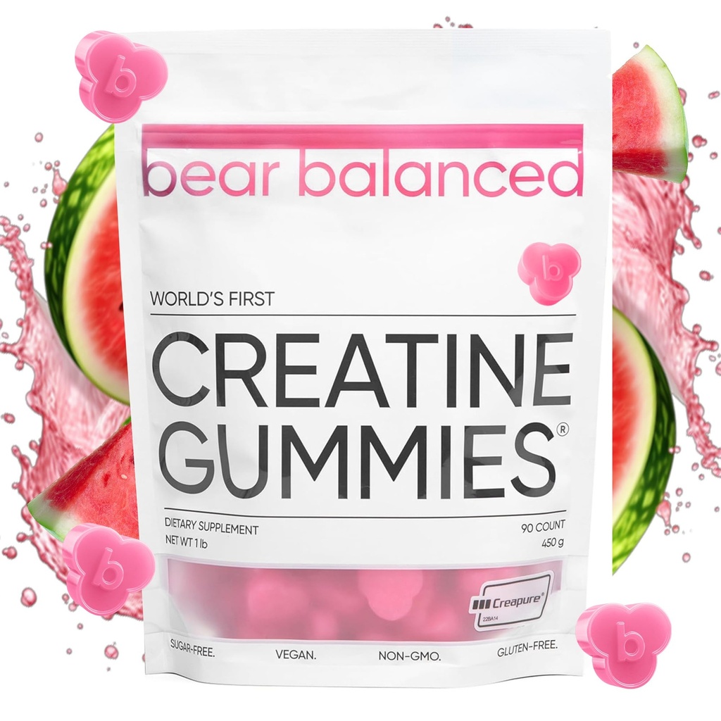 Bear Balanced Creatine Gummies for Men & Women - Creapure® Creatine Monohydrate, L-theanine, L-Tyrosine & B12 עבור צמיחה שרירית, כוח, פוקוס, אנרגיה ובריאות - קלוריות נמוכה, סוכר חינם, & טבעוני