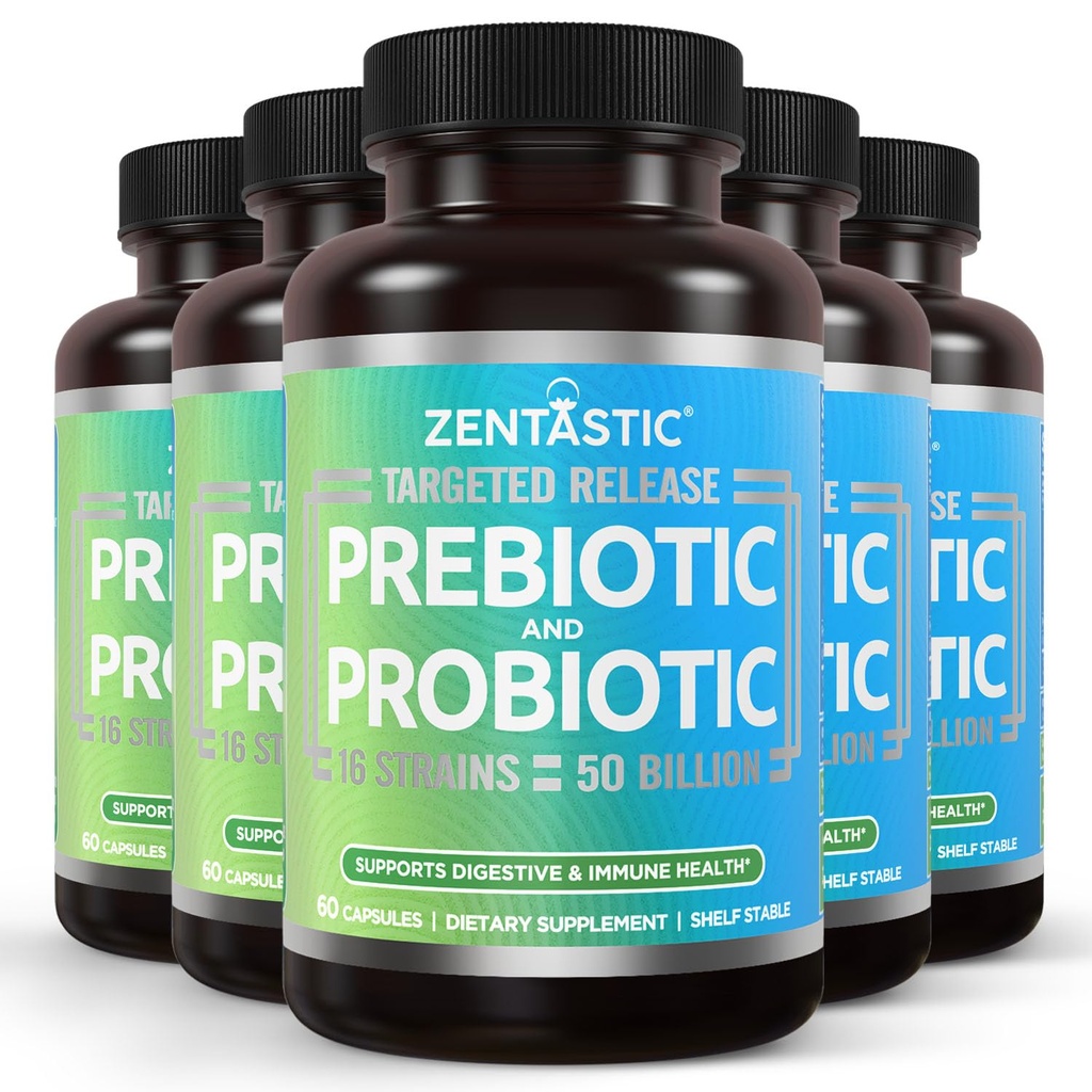 Zentastic Probiotics & Prebiotics תוסף - 50 מיליארד CFU - עבור בריאות Immune & נשים - 16 סטרינס - Shelf Stable - 300 נדחה לשחרר Veggie קפסולות