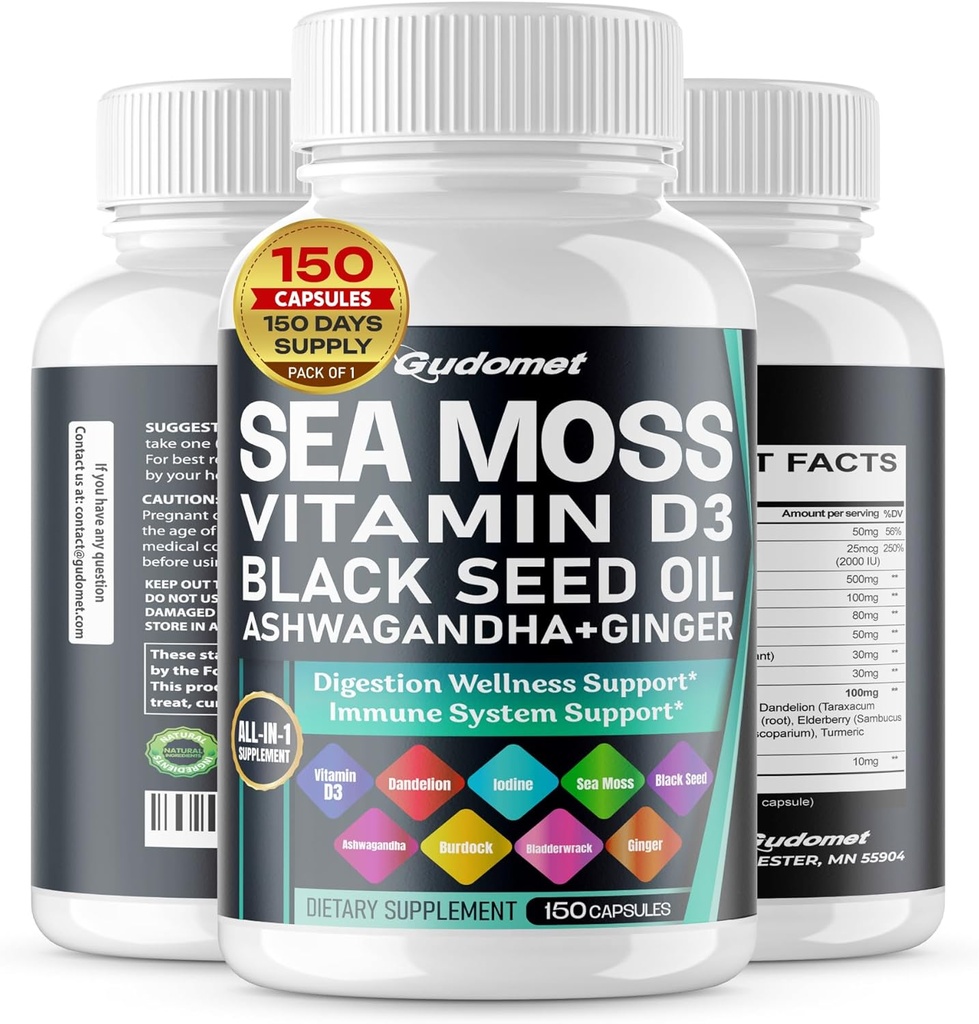 Sea Moss Black Seed Oil - All-in-1 תוספת עם ויטמין C3 Ashwagandha Burdock Bladderwrack ג'ינג'ר Apple Cider Vinegar Dandelion Yellow Dock