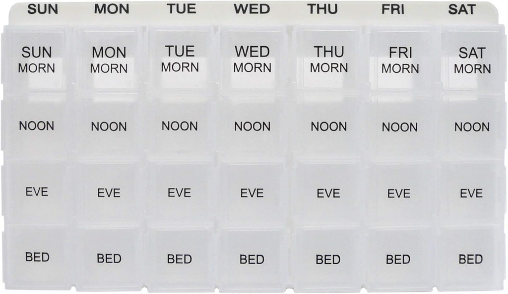 ProMed Weekly 4 Times Daily 7 Day Pill מארגנת עבור תרופות, ויטמינים ותוספים | Ergonomy Pill Case with Removable Clearהשוואות