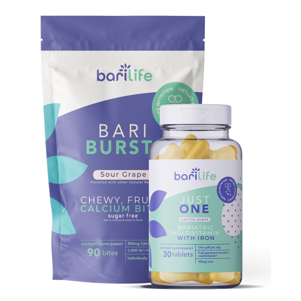 Bari Life Just One, Once Daily Bariatric Multivitamin with Iron (30 Tablet) ו-BariBurst Calcium Citrate Chews for Gastric Bypass, Gastric או Duodenal Switch (Sour Grape)