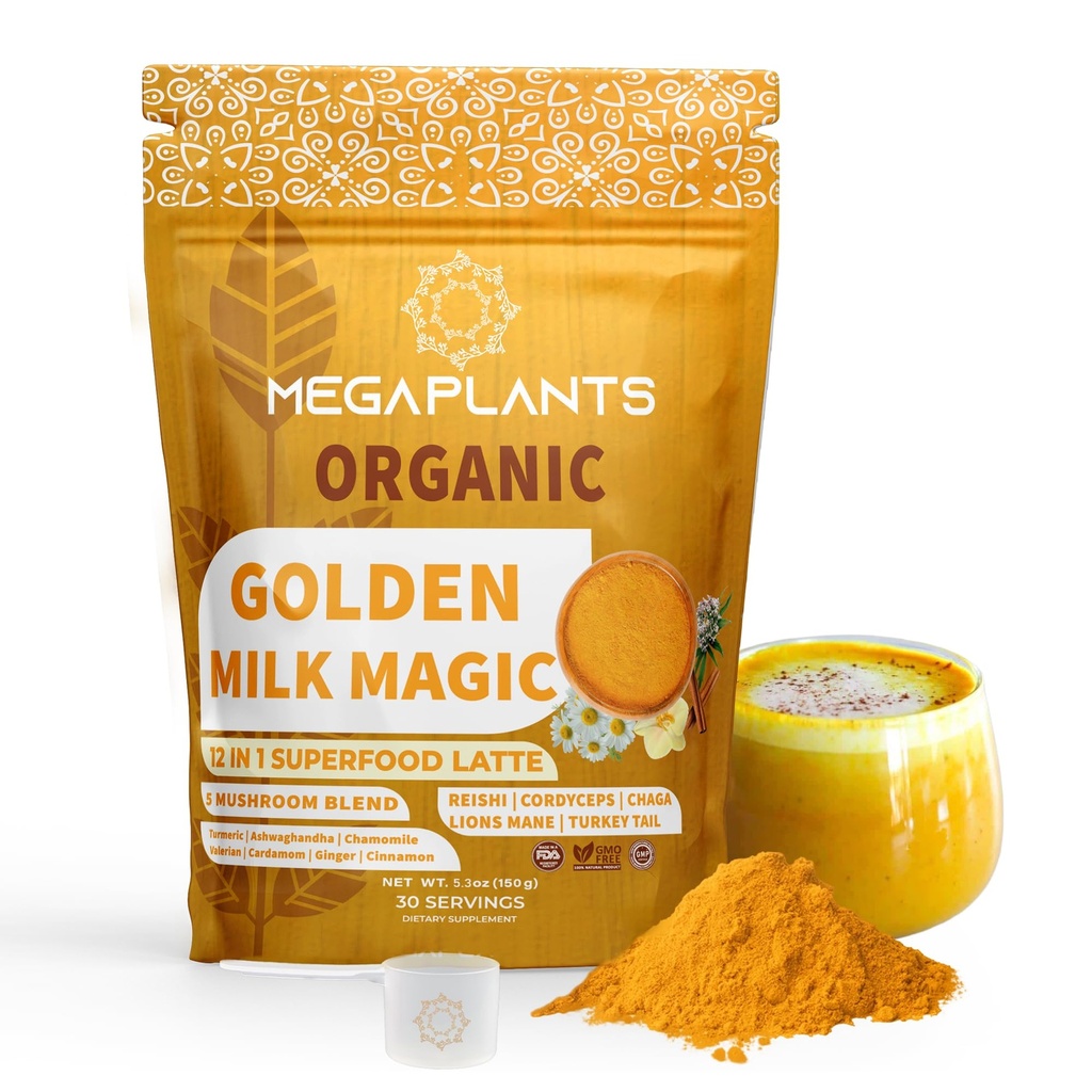 MEGAPLANTS Golden Milk Magic | 12 in 1 Superfood Latte Powder with Adaptogenic Mushrooms for Sleep Support & Relaxation | Turmeric & Ashwagandha | Smoothies, Lattes, Bowls & Desserts