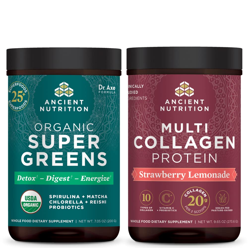 אבקת Supergreens העתיקה של תזונה אורגנית, Greens Flavor, 25 משרתים + אבקת חלבון רב קולגן, Strawberry Lemonade, 24 משרתים
