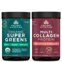אבקת Supergreens העתיקה של תזונה אורגנית, Greens Flavor, 25 משרתים + אבקת חלבון רב קולגן, Strawberry Lemonade, 24 משרתים