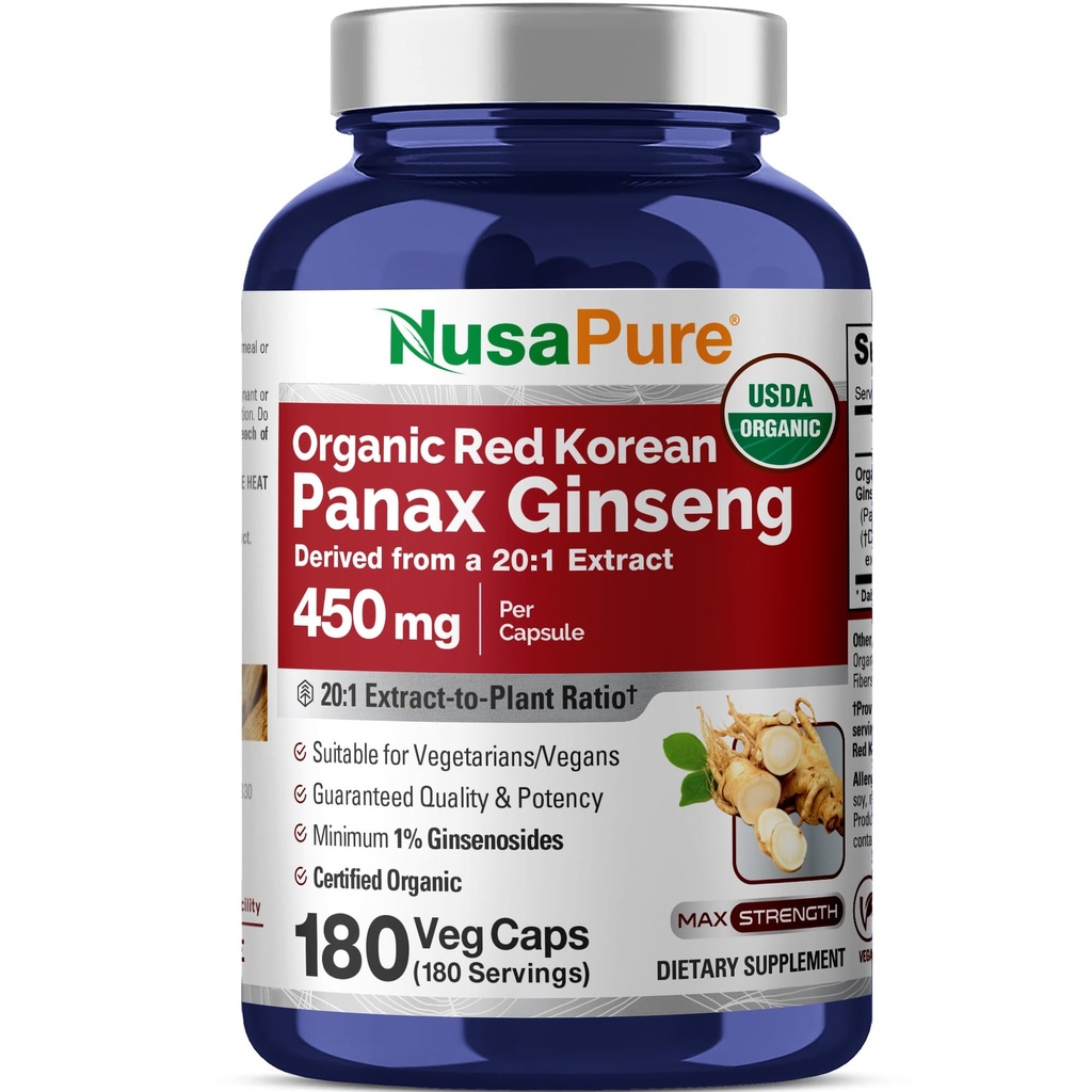 NusaPure Red Panax גינזנג 20:1 לחלץ, 450 מ"ג שווה ל 9,000 מ"ג 180 Veggie Caps (USDA אורגני, non-GMO, טבעוני, Vegetarian, Bioperine)