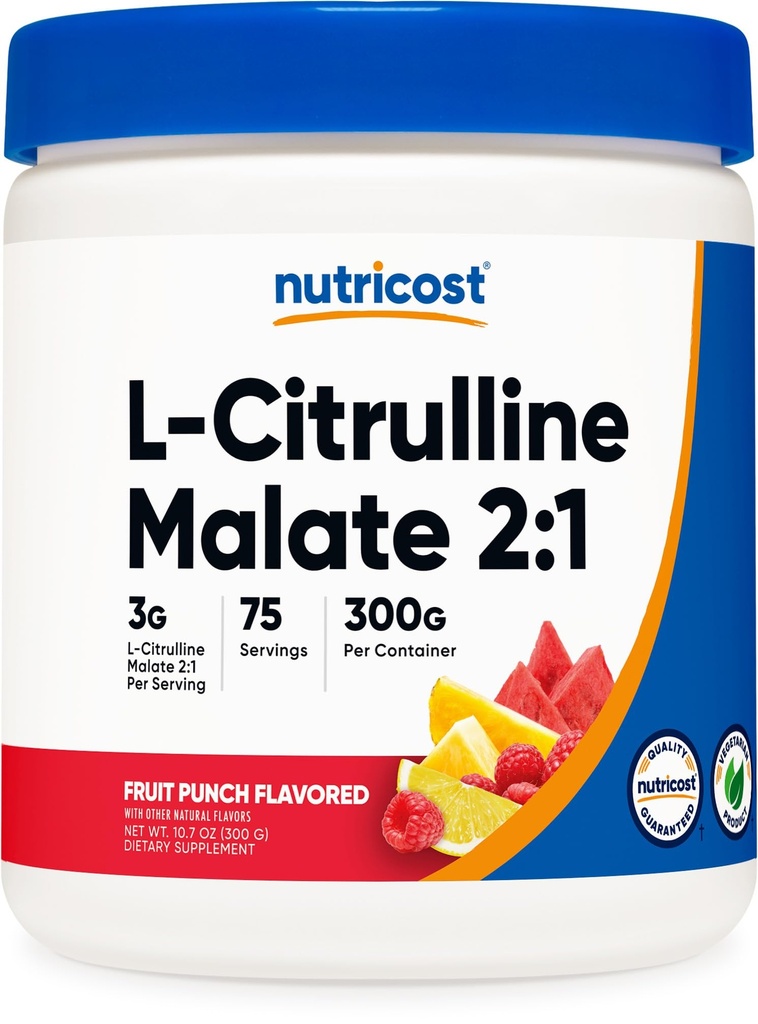 מזונות L-Citrulline Malate 2:1 (300g) פירות Punch - תמיכה בעבודה, ביצועי שרירים, Nitric Oxide Booster - אבקת כושר, 75 משרתים