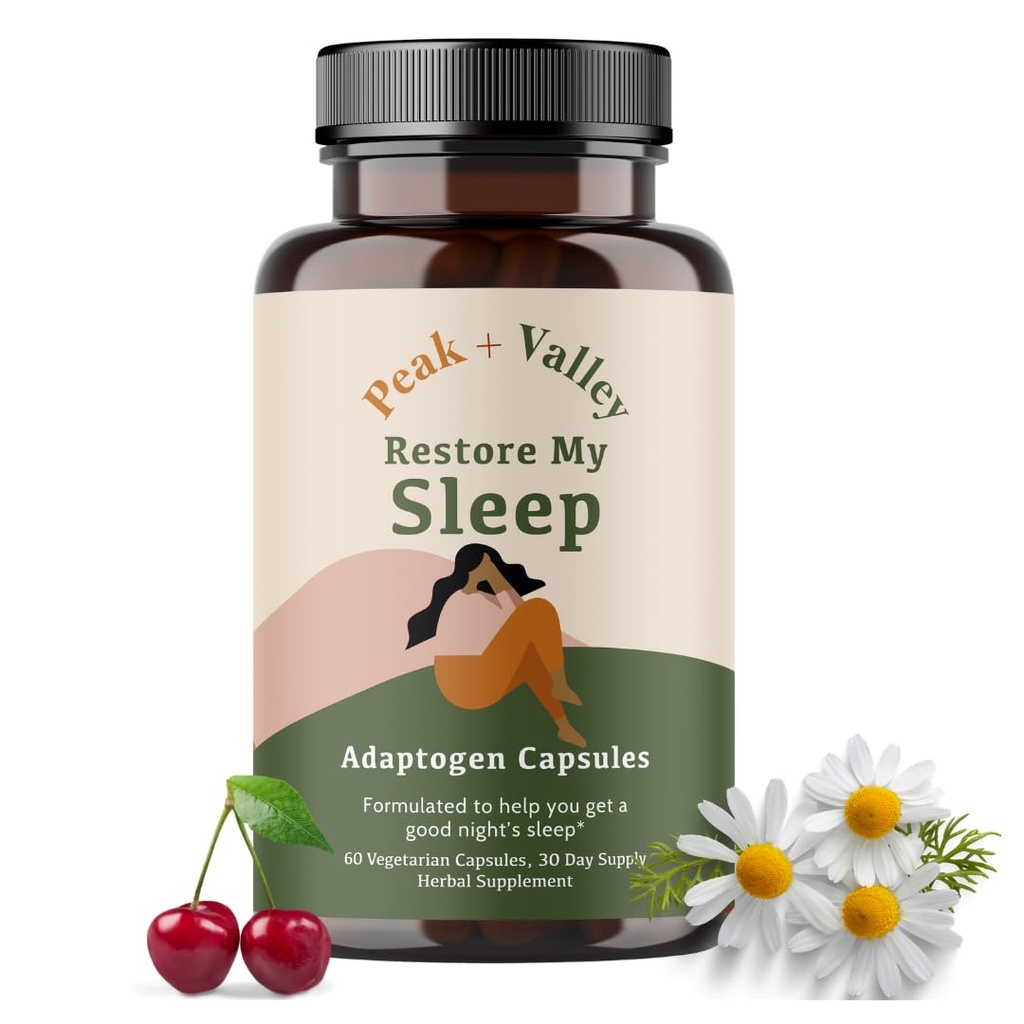 Peak + Valley Natural Sleep Aid for Adults - 60 קפסולות לשינה עמוקה - 3 מ"ג מלטונין, L Theanine, Chamomile, Ashwagandha - Natural Herbal Sleep Pills - תוספת עוצמה מרגיעה בשינה