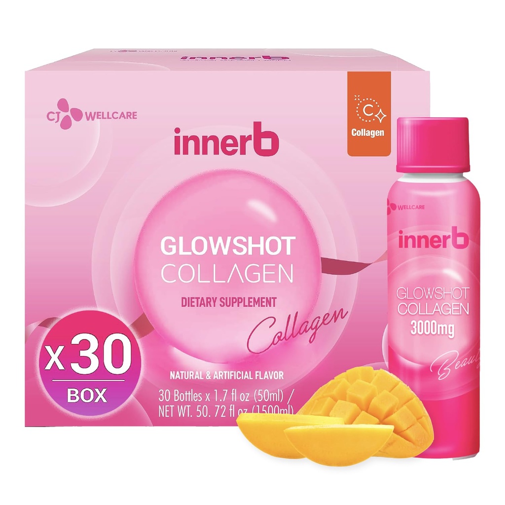 CJwellcare Innerb Glowshot Collagen (50.7 fl oz, 30 משרתות) - קולאזן נוזלי מארין לנשים, 3,000 מ"ג Collagen Peptides, Collagen Shots for High Absorption, Hair, Skin & Nails תוספת תוסף לנשים, 3,000mg Collagen פפtides, Collagen Shots for High Absorption, Hair, Skin, Skin & Nails