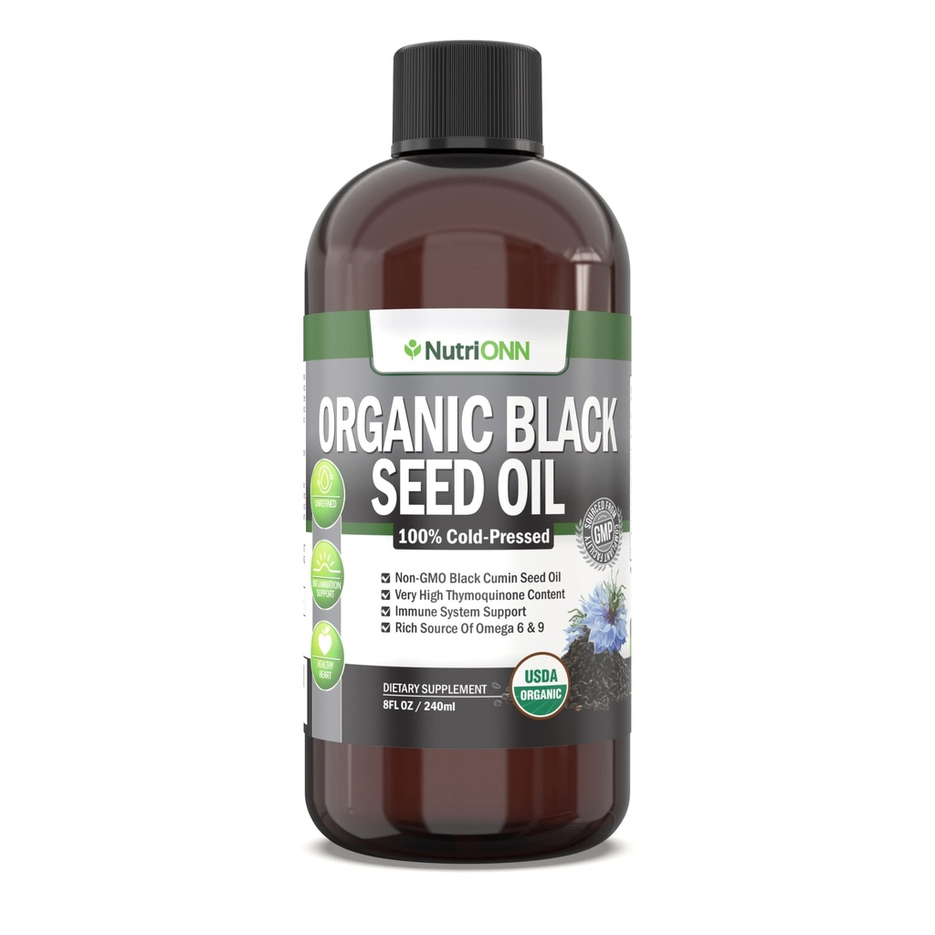 שמן זרעי שחור אורגני - USDA Certified Organic Black Cumin Seed שמן נוזלי - תוכן גבוה Thymoquinone - non-GMO ו- Cold-Pressed - מקור עשיר של אומגה 6 & אומגה-9 שומני Acids - 8 Oz