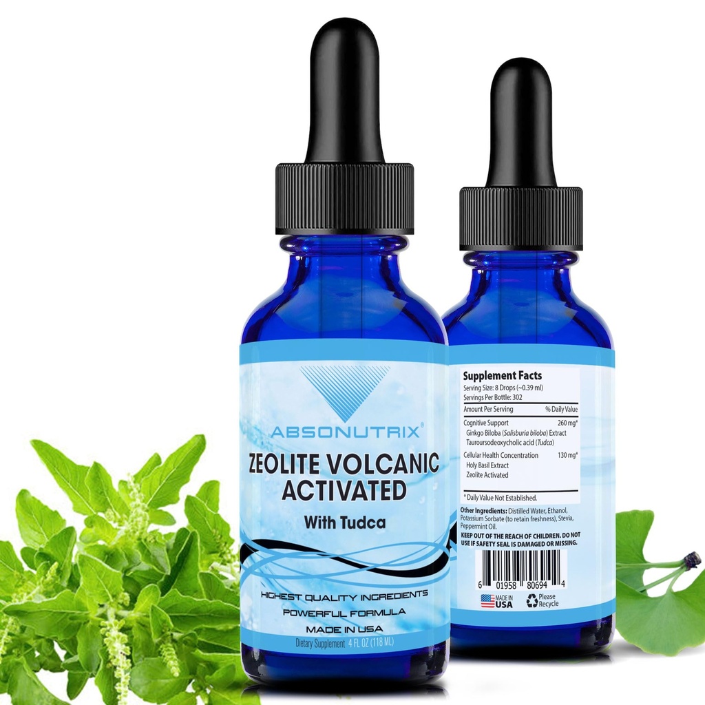 Absonutrix Zeolite Volcanic Activated with Tudca Advanced Formula 390 mg, 4 Oz Liquid, 302 Servings, Made in USA, Quick Absorption,Non-GMO, GMP Certified Facility, Cruelty-Free Products