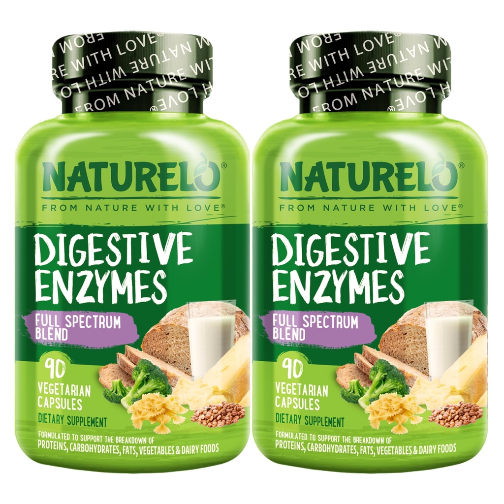 NATURELO Digestive Enzymes - תמיכה בספקטרום מלא עם תערובת רחבה של 15 Enzymes פלוס ג'ינג'ר - 90 קפסולות טבעוניות (Pack of 2)