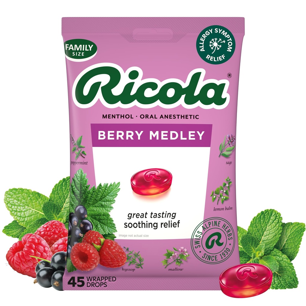 Ricola Berry Medley גרון טיפות, 45 הרוזן, נוחות גרון וטיפול, הרדמה אוראלית, באופן טבעי פלאמור