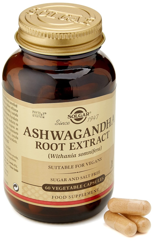 Solgar Ashwagandha Root Extract Extraction - 60 קפסולות ירקות - סטנדרטיות Full Potency (SFP) - Non-GMO, טבעוני, Gluten & Milk Free, כשר - 60 משרתים