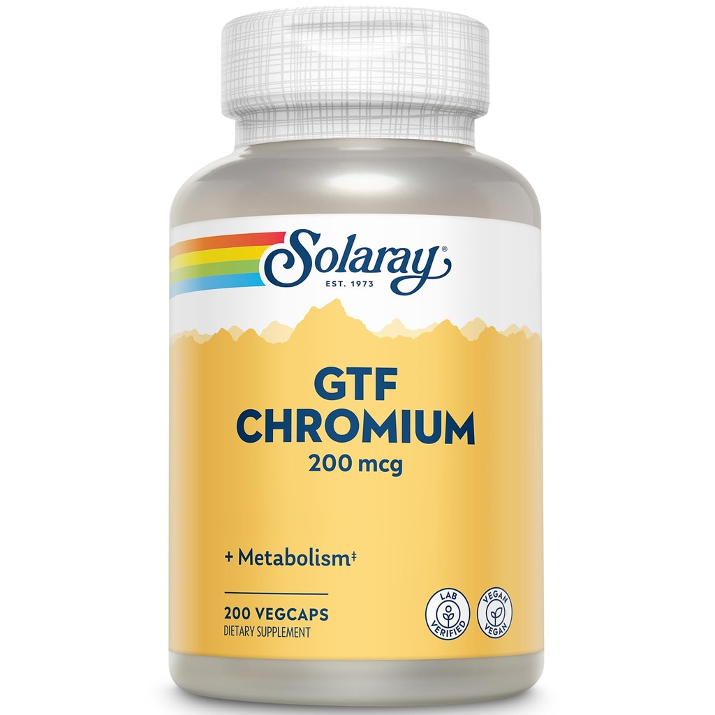 Solaray GTF Chromium 200mcg - טהור Chromium GTF 200 mcg תוסף, תומך פונקציונליות מטאבולית ובריאות הגוף עבור גברים ונשים - 200 קפסולות טבעוניות